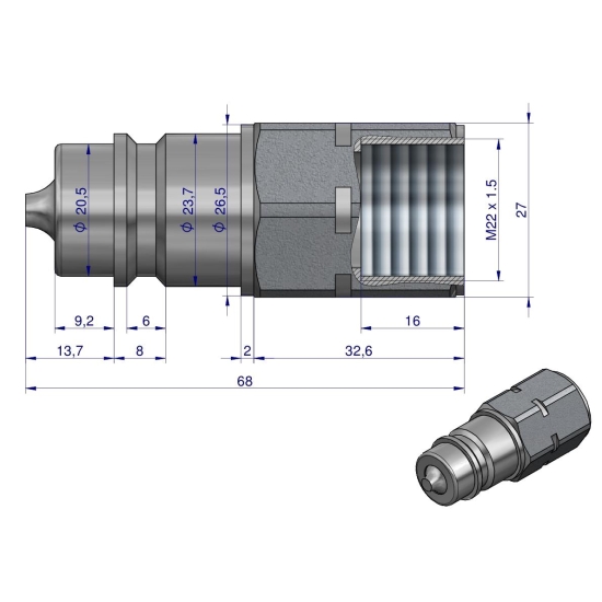 Szybkozłącze hydrauliczne wtyczka M22x1.5 gwint wewnętrzny EURO (ISO 7241-A) Waryński