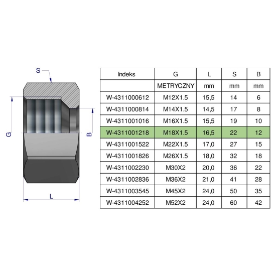 Nakrętka hydrauliczna metryczna (M12L) M18x1.5 12L Waryński ( sprzedawane po 20 )