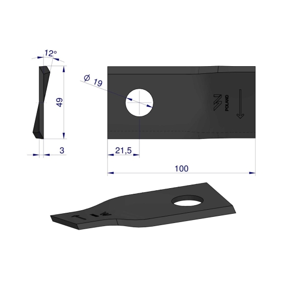 Nóż. nożyk kosiarka prawy 100x48x3mm otwór 19 zastosowanie 9041777 9527280 Claas WARYŃSKI ( sprzedawane po 25 )