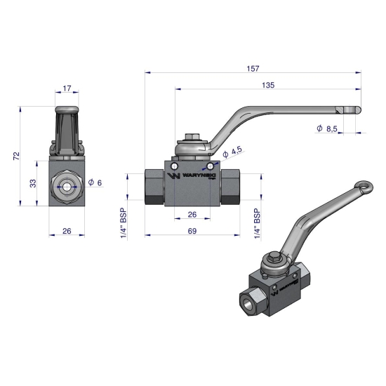 Zawór kulowy hydrauliczny 2-drogowy 2/2 - 1/4