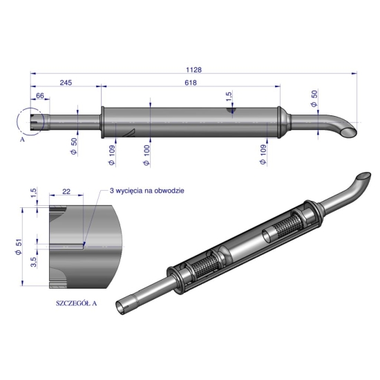 Tłumik 1128mm 3029104M1 4.8kg MF3 C-3603P INOX WARYŃSKI