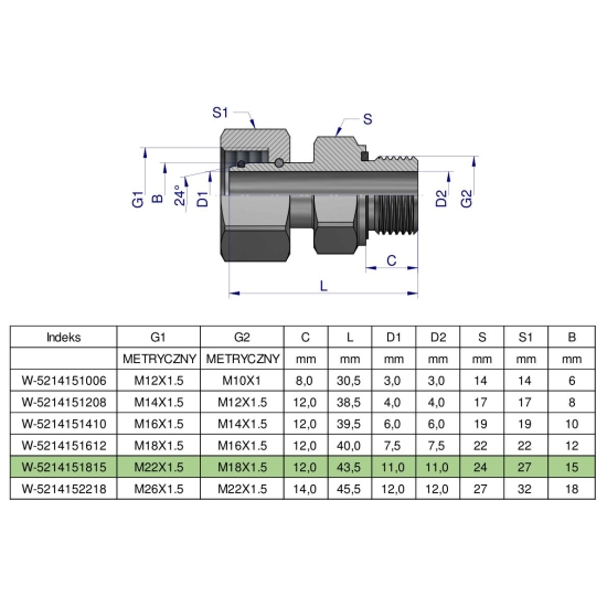 Przyłączka hydrauliczna metryczna AB (EVGE) M22x1.5 15L x M18x1.5 ED Waryński ( sprzedawane po 2 )