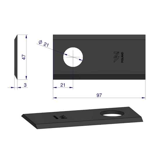 Nóż. nożyk kosiarka 97X47X3mm otwór 21 zastosowanie 152147607 SIP WARYŃSKI ( sprzedawane po 25 )