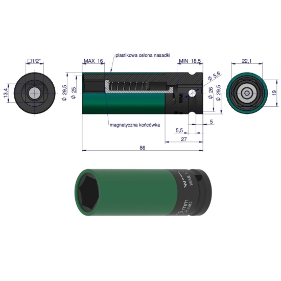 Nasadka udarowa 1/2 z magnesem do felg aluminiowych. 19mm. Waryński