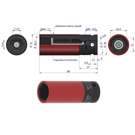 Nasadka udarowa 1/2 z magnesem do felg aluminiowych. 21mm. Waryński