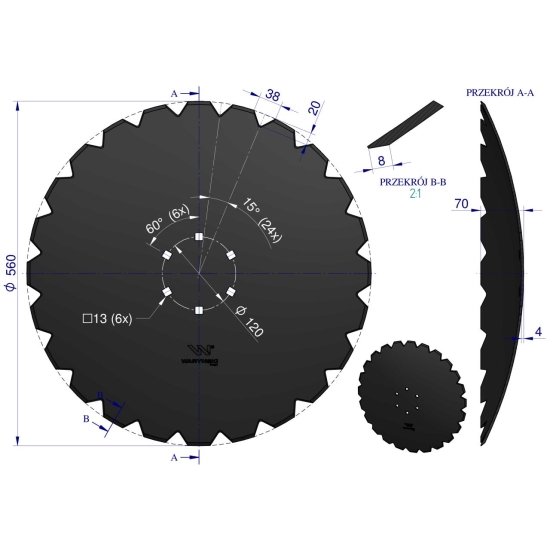 Talerz uzębiony Z-24 fi 560 mocowanie 6/120 grubość 4 mm stal borowa WARYŃSKI R