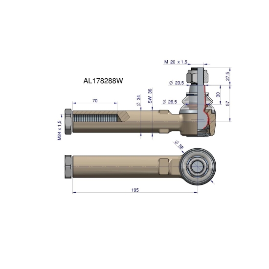 Przegub kierowniczy 195mm- M24x1,5 AL178288 WARYŃSKI
