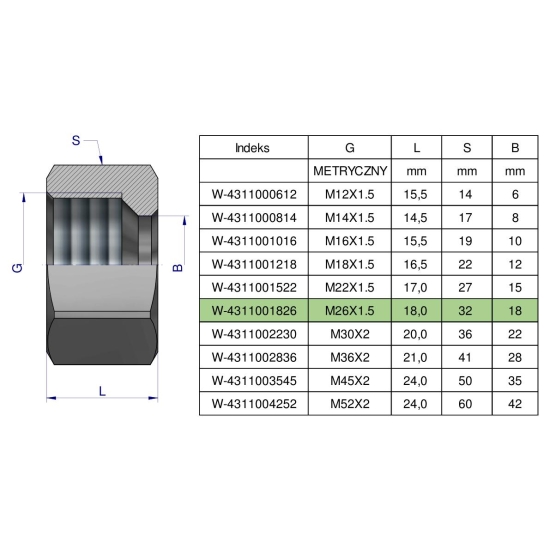 Nakrętka hydrauliczna metryczna (M18L) M26x1.5 18L Waryński ( sprzedawane po 10 )