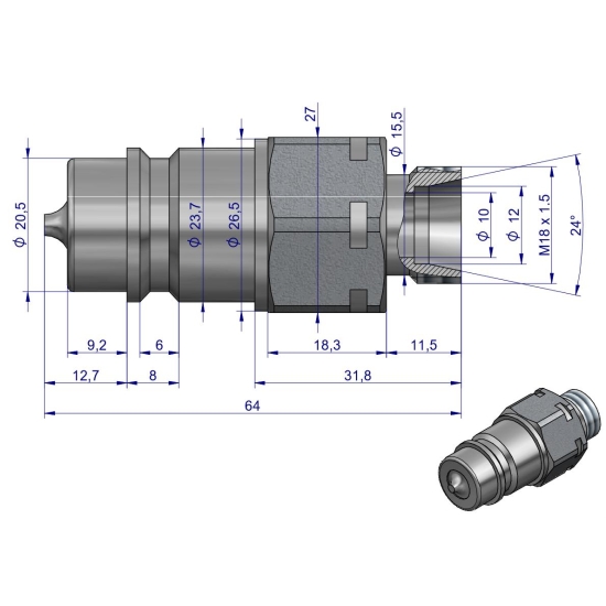 Szybkozłącze hydrauliczne wtyczka M18x1.5 gwint zewnętrzny EURO (9100818W) (ISO 7241-A) Waryński (opakowanie 100szt)