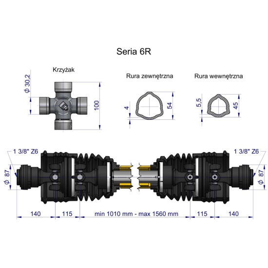 Wał przegubowo-teleskopowy 1010-1560mm 830Nm szerokokątny z dwóch stron CE 2020 seria 6R WARYŃSKI