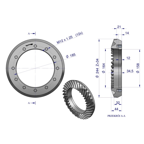 Wałek atakujący z kołem talerzowym C-385 śruby M12 80170989 WARYŃSKI