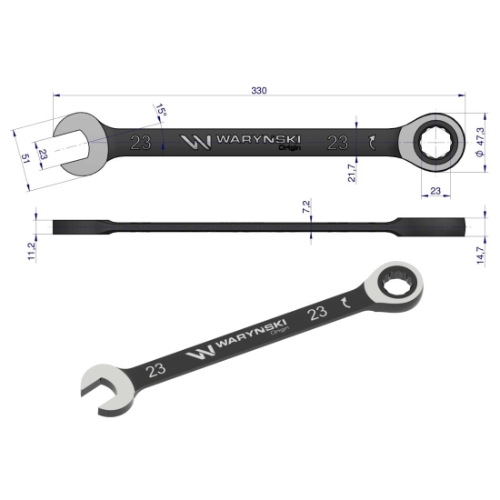 Klucz płasko-oczkowy 23 mm z grzechotką 72 zęby standard ASME B107-2010 Waryński