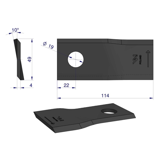 Nóż. nożyk kosiarka lewy 114x48x4mm otwór 19 zastosowanie 13800014 JF-Stoll WARYŃSKI ( sprzedawane po 25 )