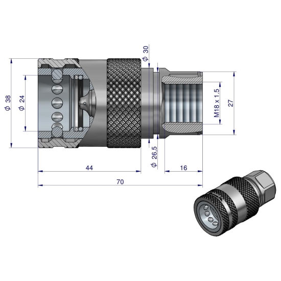 Szybkozłącze hydrauliczne gniazdo z eliminatorem ciśnienia M18x1.5 gwint wew. EURO PUSH-PULL (ISO 7241-A) Waryński