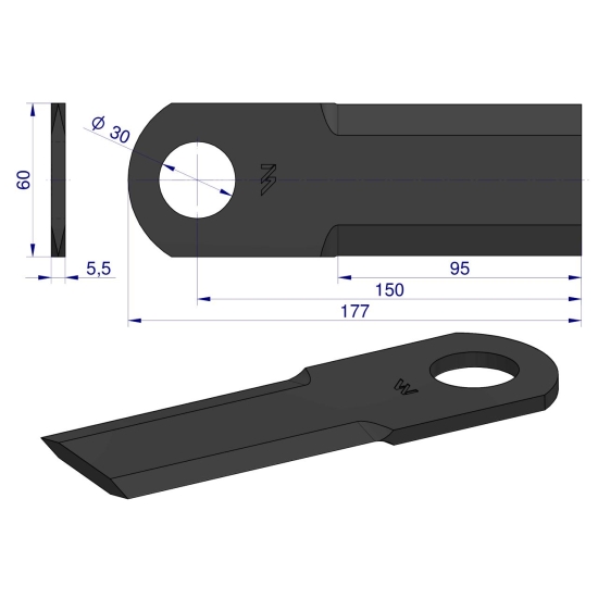 Nóż obrotowy rozdrabniacz słomy sieczkarnia gładki 177x60x5.5mm otwór 30 zastosowanie 065641 Claas WARYŃSKI ( sprzedawane po 15 )