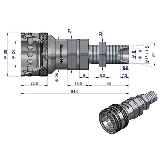 Szybkozłącze hydrauliczne gniazdo long M16x1.5 gwint zewnętrzny EURO (ISO 7241-A) z eliminatorem ciśnienia Waryński