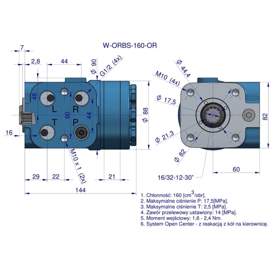 Orbitrol hydrauliczny W-ORBS-OR 160 cm3/obr z zaworami (System Open Center - z reakcją z kół na kierownicę) Waryński