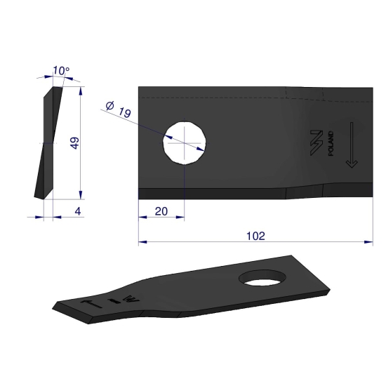 Nóż. nożyk kosiarka prawy 102x48x4mm otwór 19 zastosowanie 140692 Fella WARYŃSKI ( sprzedawane po 25 )