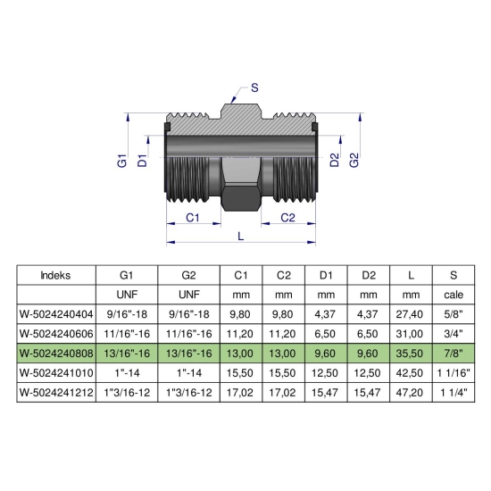 Złączka hydrauliczna calowa BB 13/16" ORFS (UNF) Waryński ( sprzedawane po 2 )