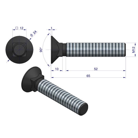 Śruba kpl. płużna podsadzana D 608 M12x65 mm kl.10.9 Waryński ( sprzedawane po 25 )