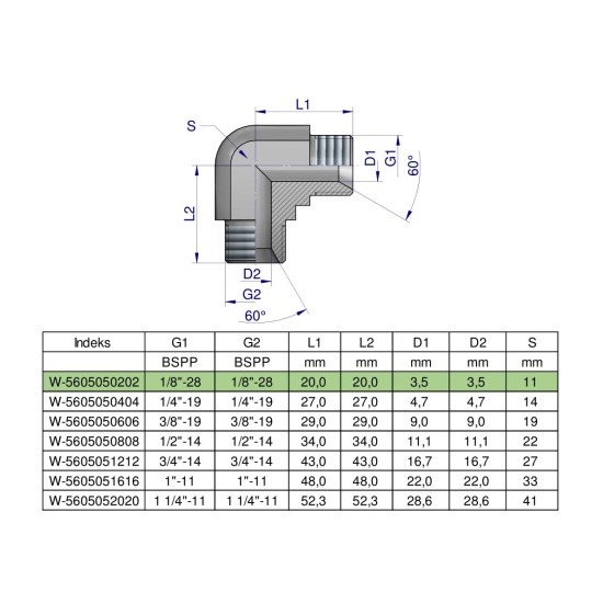 Kolanko hydrauliczne calowe BB 1/8" BSP (XW) Waryński ( sprzedawane po 2 )