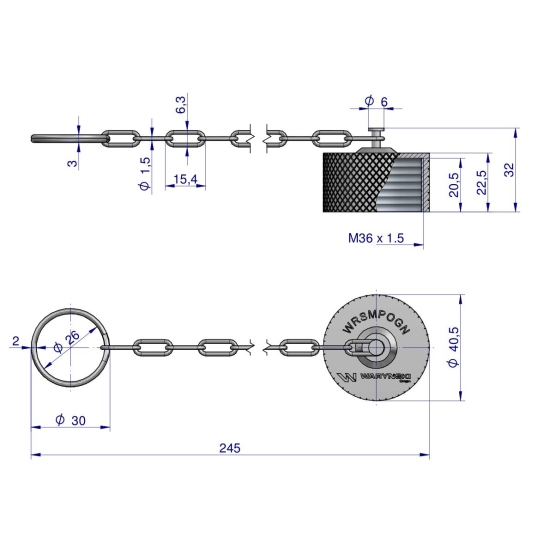 Komplet - zawór gniazdo M22x1.5 skręcane (50490020) z gwintowaną pokrywą/osłoną aluminiową Waryński