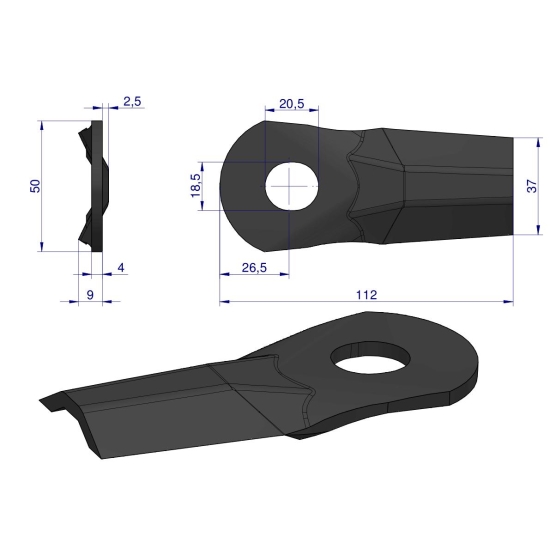 Nóż. nożyk kosiarka gięty 112x50x4mm otwór 18.5x20.5 zastosowanie 5684000 Kuhn WARYŃSKI ( sprzedawane po 25 )