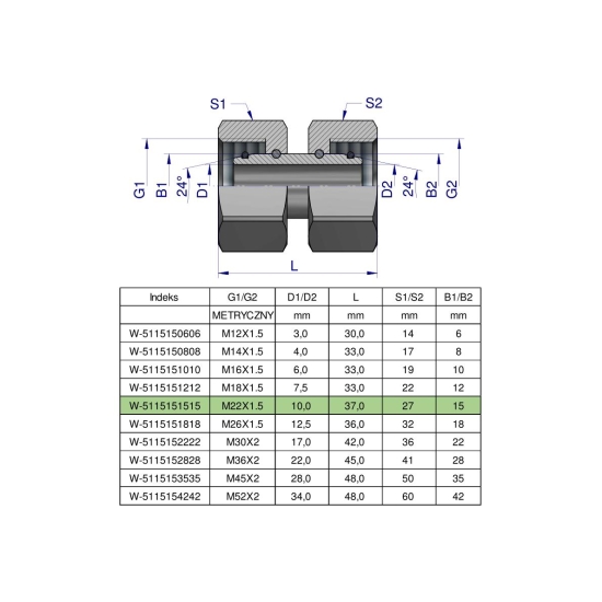 Złączka hydrauliczna metryczna AA M22x1.5 15L Waryński ( sprzedawane po 5 )