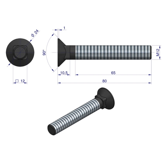 Śruba płużna podsadzana D 608 M12x80 mm kl.10.9 zastosowanie Gruber Waryński ( sprzedawane po 10kg )