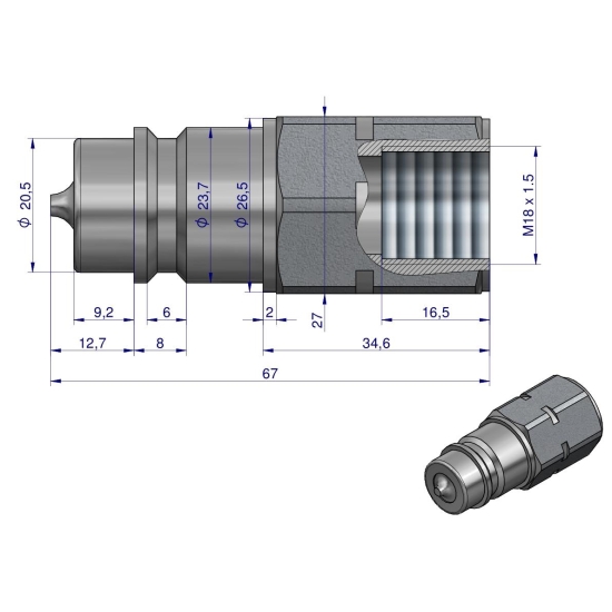 Szybkozłącze hydrauliczne wtyczka M18x1.5 gwint wewnętrzny EURO (ISO 7241-A) Waryński