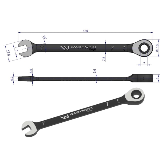 Klucz płasko-oczkowy 7 mm z grzechotką 72 zęby standard ASME B107-2010 Waryński