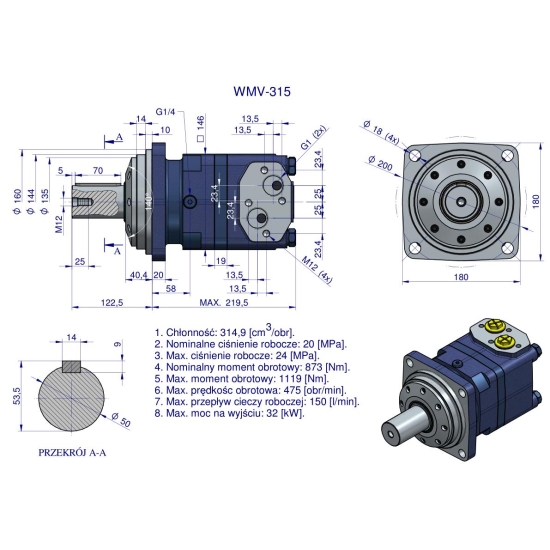 Silnik hydrauliczny orbitalny WMV 315 cm3/obr (200 bar / max.280 bar) Waryński