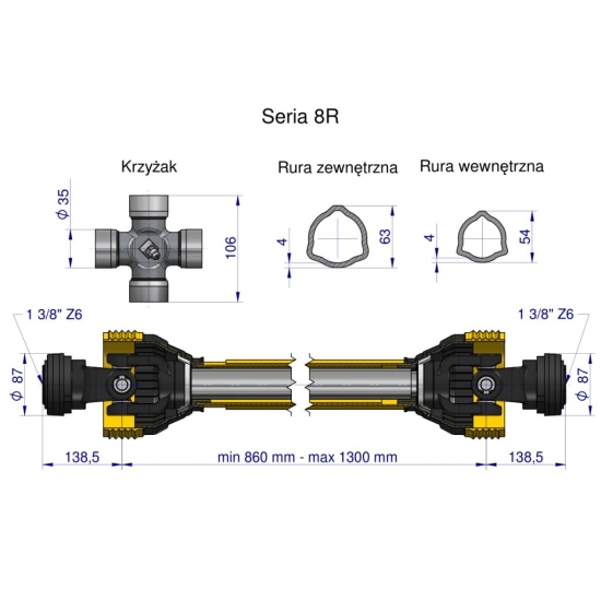 Wał przegubowo-teleskopowy 860-1300mm 1240Nm CE 2020 seria 8R Waryński