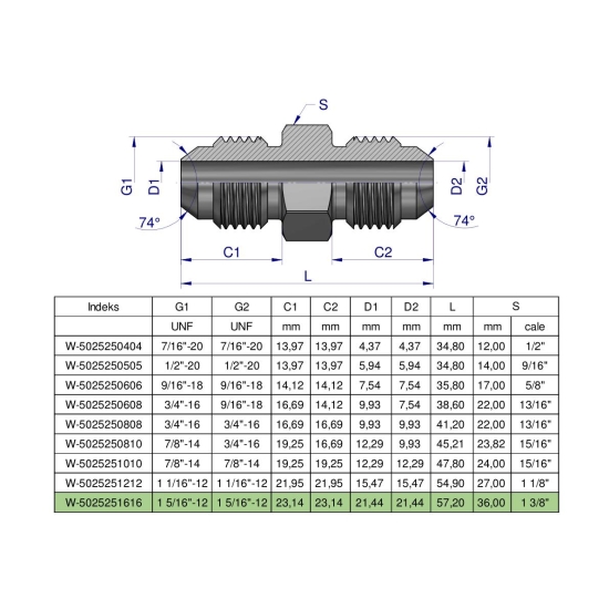 Złączka hydrauliczna calowa BB 1 5/16" UNF (JIC) Waryński