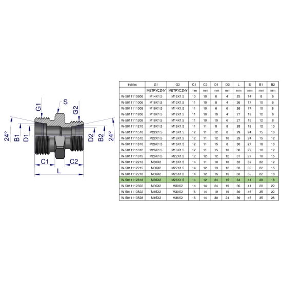 Złączka hydrauliczna redukcyjna metryczna BB M36x2 28L / M26x1.5 18L (XG) Waryński