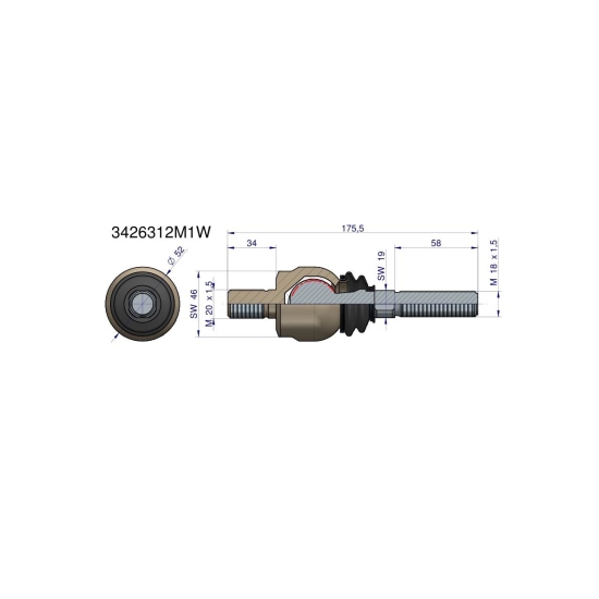 Przegub kierowniczy 175,5mm- M20x1,5; M18x1,5 3426312M1 WARYŃSKI