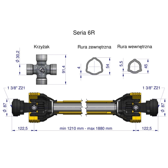 Wał przegubowo-teleskopowy 1210-1880mm 830Nm Z21 z dwóch stron CE 2020 seria 6R Waryński