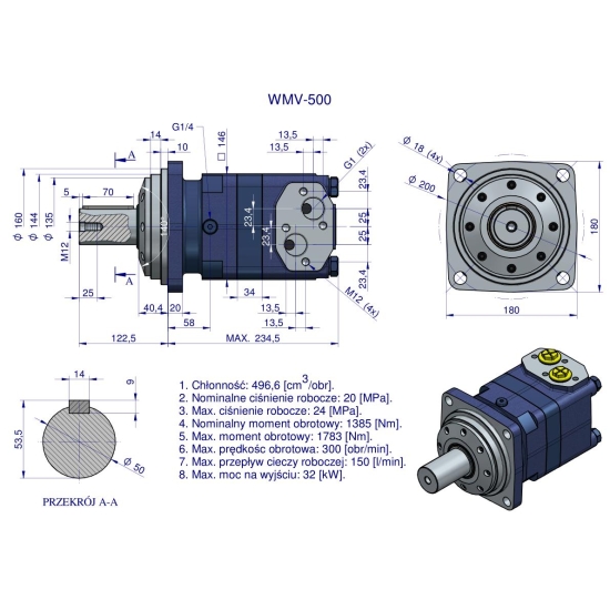 Silnik hydrauliczny orbitalny WMV 500 cm3/obr (200 bar / max.280 bar) Waryński