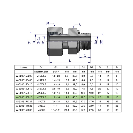 Przyłączka hydrauliczna AB (EVGE) M26x1.5 18L x 1/2" BSP ED Waryński