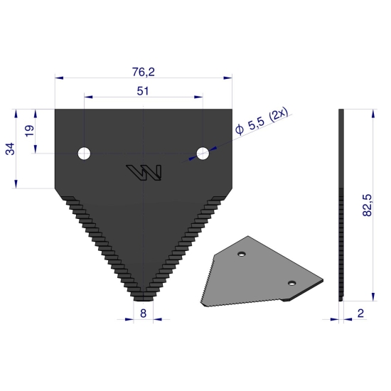 Nóż żniwny 83x76x2mm otwór 5.5 zastosowanie 261431M1 MF WARYŃSKI ( sprzedawane po 25 )