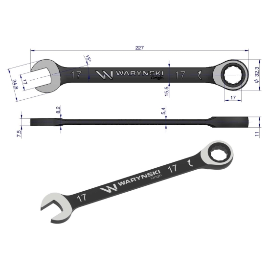 Klucz płasko-oczkowy 17 mm z grzechotką 72 zęby standard ASME B107-2010 Waryński