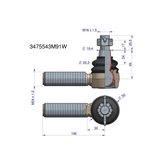 Przegub kierowniczy 106mm - M24x1,5 3475543M91 WARYŃSKI