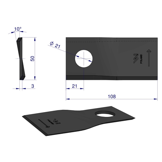 Nóż. nożyk kosiarka lewy 108X50X3mm otwór 21 zastosowanie RF 108/3 Famarol WARYŃSKI ( sprzedawane po 25 )