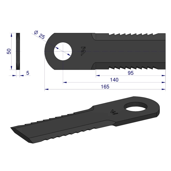 Nóż obrotowy rozdrabniacz słomy sieczkarnia uzębiony 165x50x5mm otwór 25 zastosowanie DS175 WARYŃSKI ( sprzedawane po 25 )