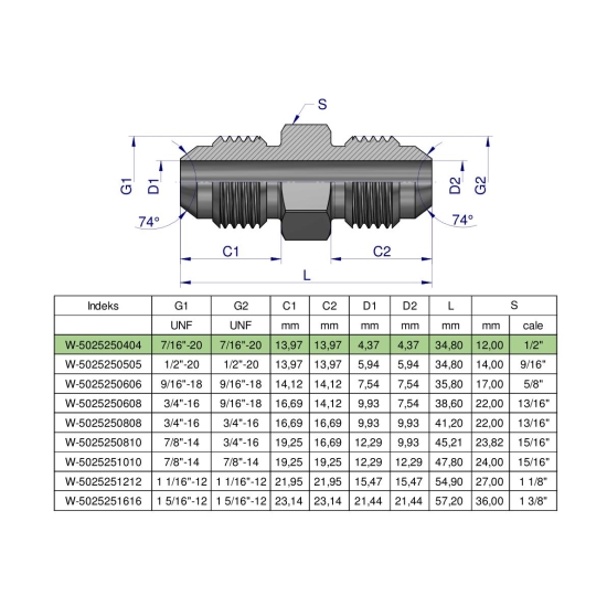 Złączka hydrauliczna calowa BB 7/16" UNF (JIC) Waryński ( sprzedawane po 2 )