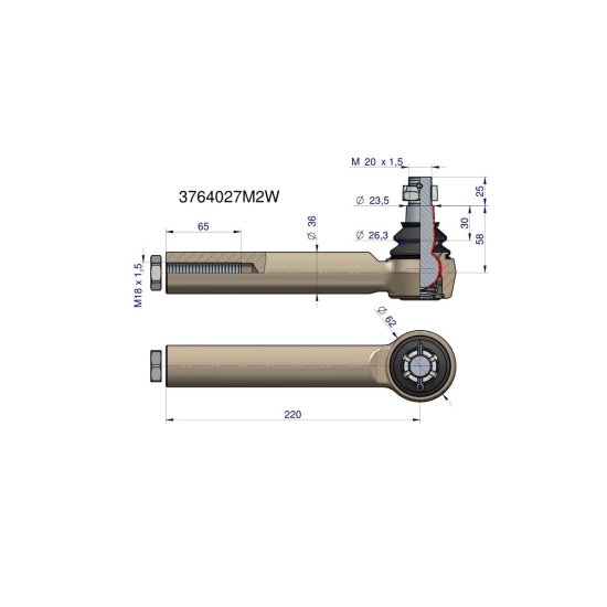 Przegub kierowniczy 220mm- M18x1,5 3764027M2 WARYŃSKI