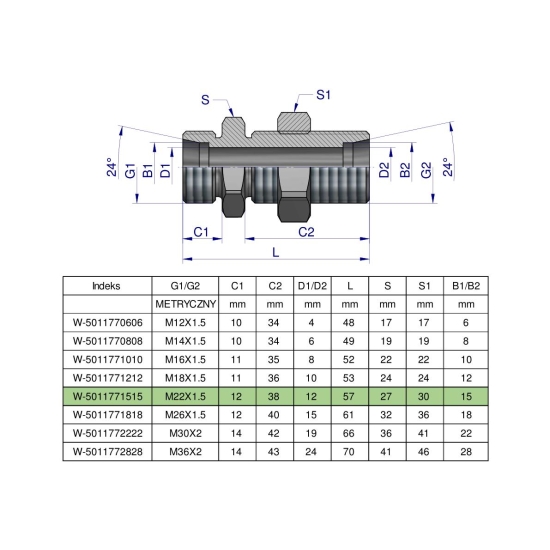 Złączka hydrauliczna metryczna grodziowa BB M22x1.5 15L z przeciwnakrętką (XSV) Waryński ( sprzedawane po 2 )