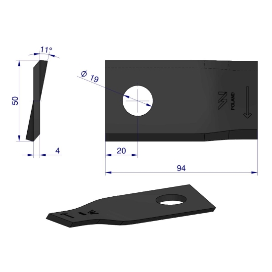 Nóż. nożyk kosiarka prawy 94x50x4mm otwór 19 zastosowanie 58031192 BCS WARYŃSKI ( sprzedawane po 25 )