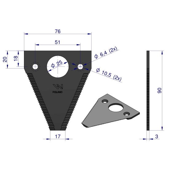 Nóż żniwny 90x76x3mm otwór 6.5 zastosowanie E18 Fortschritt WARYŃSKI ( sprzedawane po 25 )