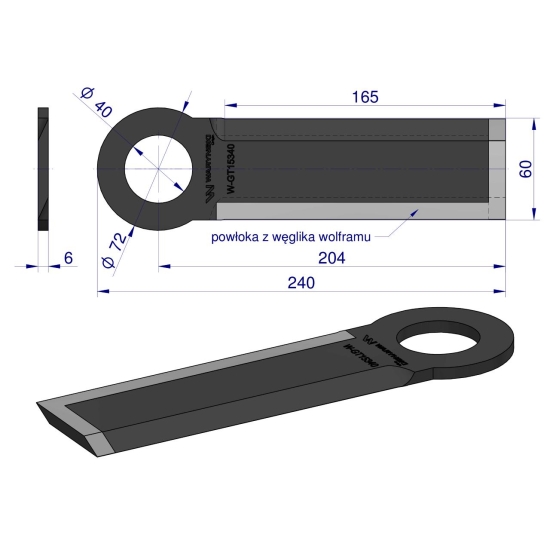 Nóż długi przystawki do kukurydzy napawany 240x60x6 otwór 40mm zastosowanie Olimac Drago GT 15341 WARYŃSKI
